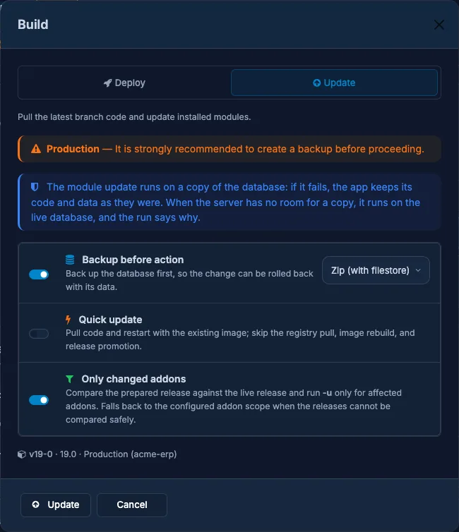 The Build dialog saying the module update runs on a copy of the database