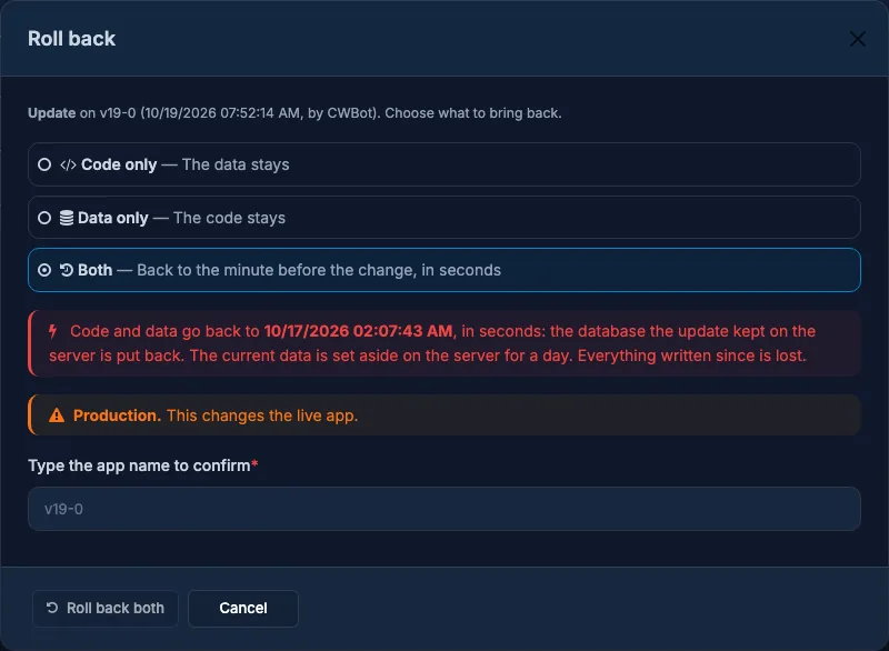 The Roll back dialog with Code only, Data only and Both