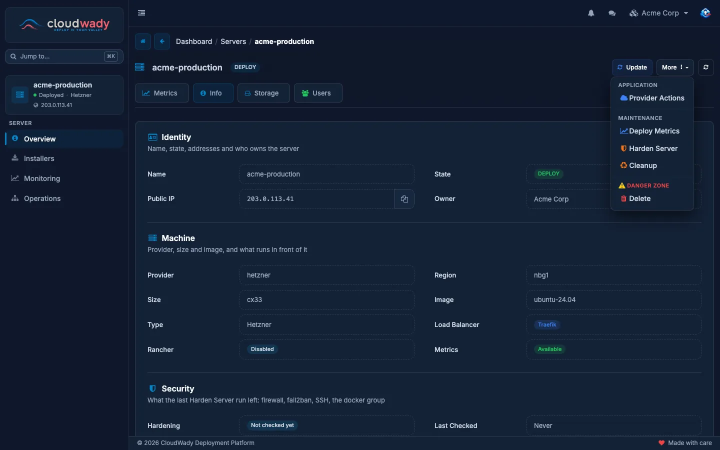 A server's More menu: Provider Actions, Deploy Metrics, Harden Server, Cleanup and Delete